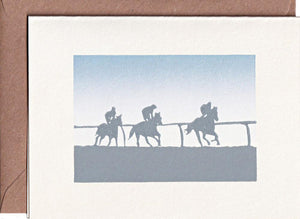 Hand printed linocut greeting card of racehorses