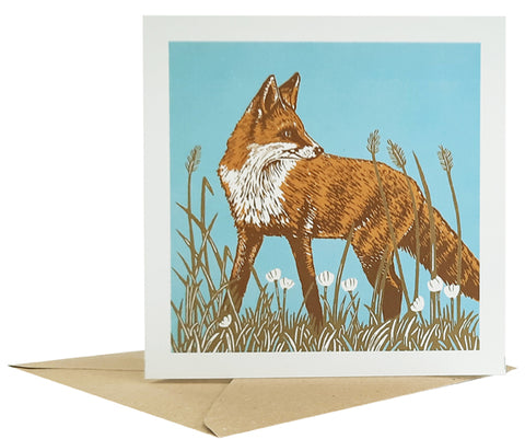 Linocut of Red Fox printed with rich red and brown tones onto recycled card