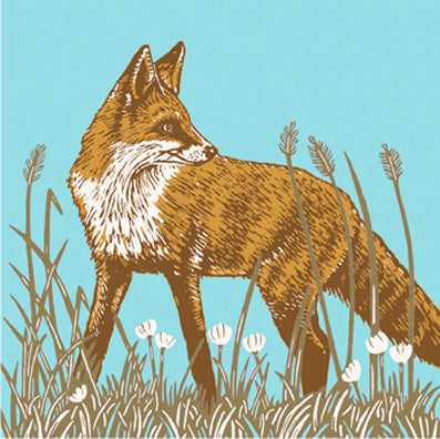 Linocut of Red Fox printed with rich red brown tones onto recycled card
