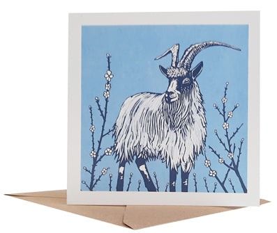 Linocut of an Old Irish Goat printed with blue and grey tones onto recycled card