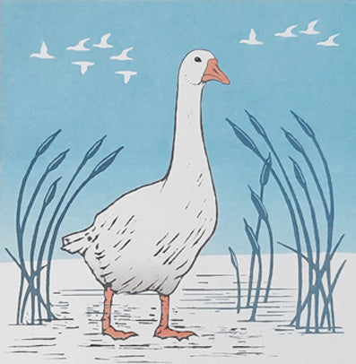 Linocut of a white Goose printed with blue and orange colours