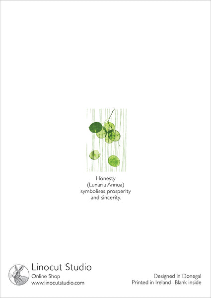 Back of beautiful card depicting green Honesty seed pods