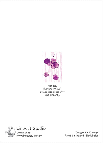 Back of beautiful card depicting purple Honesty seed pods