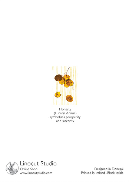 Back of beautiful card depicting umber coloured Honesty seed pods