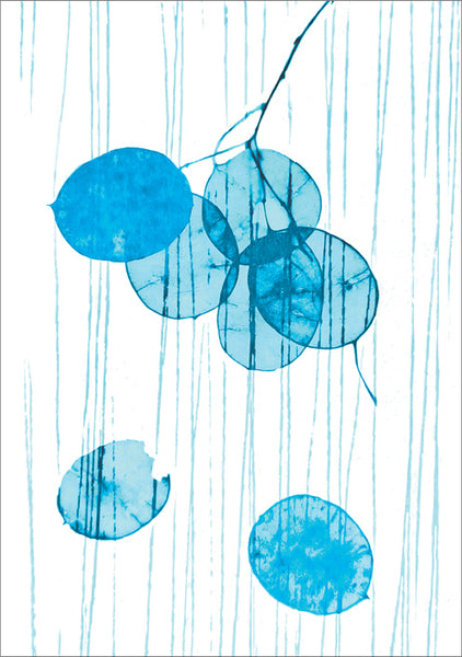 Beautiful card of Honesty seed pods printed with blue ink