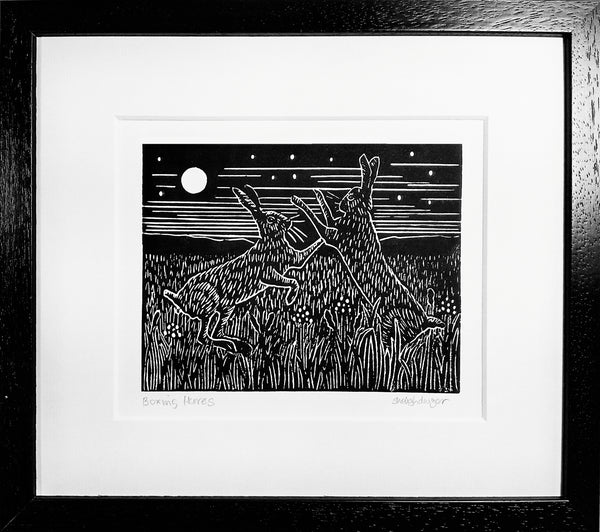 Framed Hand Printed Black and White Lino Print of Boxing Hares