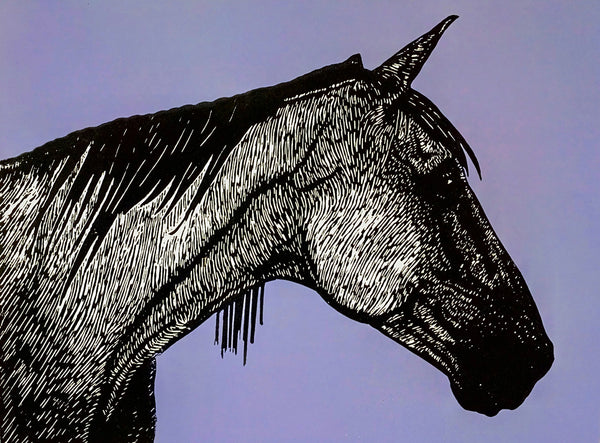 Linocut portrait of horse in black and vivid mauve ink