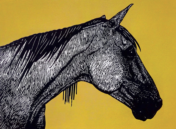 Lino portrait of old horse in black and ochre ink