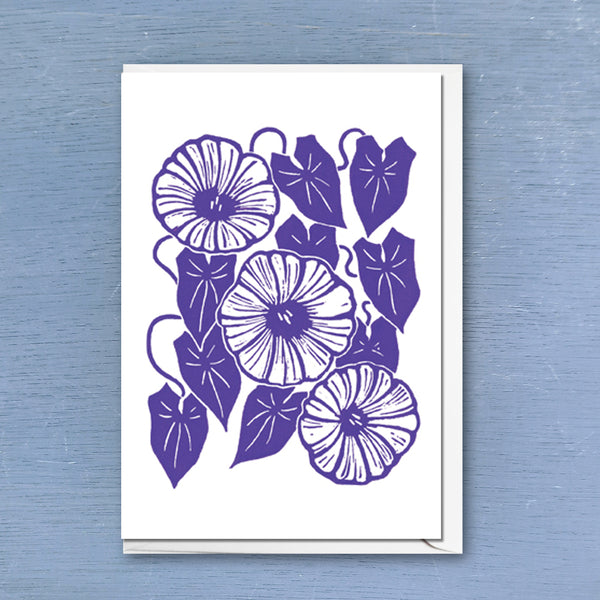 Linocut greeting card of Wild Morning Glory flowers printed with violet colour ink with envelope 