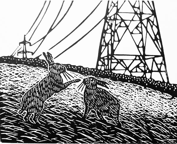 Hares and electric pylons linocut in black ink