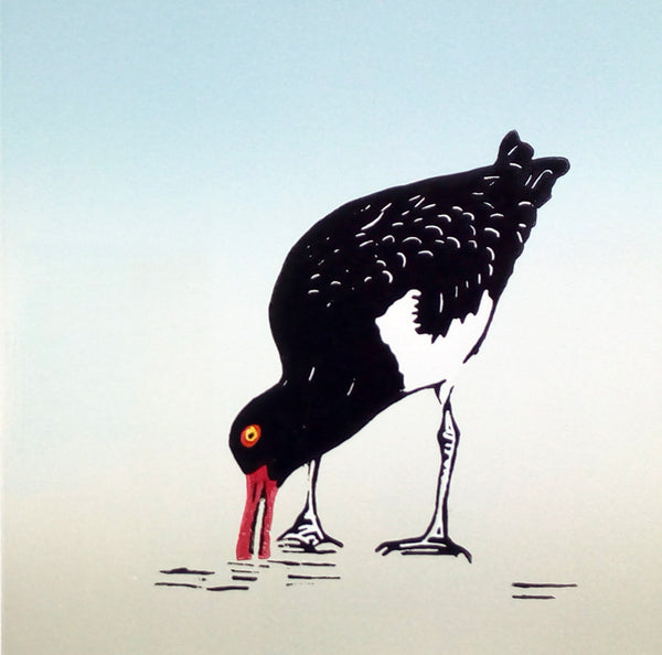 Lino print of oystercatcher at the seashore