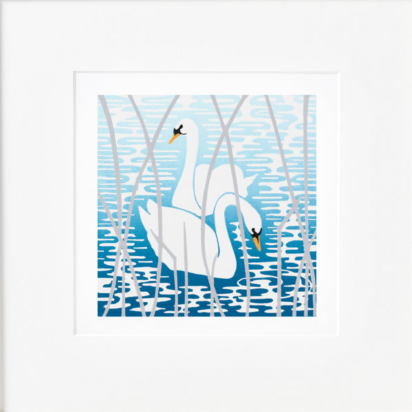 Mounted linocut of two white swans that glide upon water printed with blue ink tones