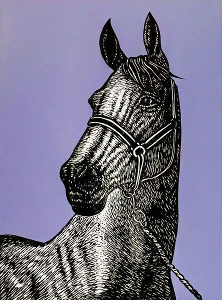 Linocut horse portrait in black and mauve ink