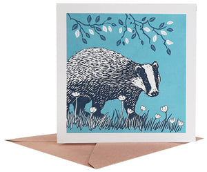 Linocut of Badger printed on recycled card with brown envelope.