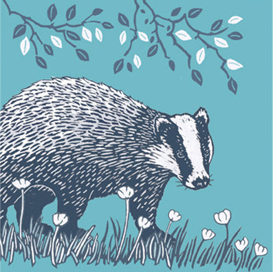 Linocut of Badger printed with green and blue tones