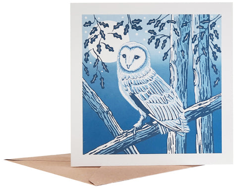 Linocut of Barn Owl printed with blue tones onto recycled card