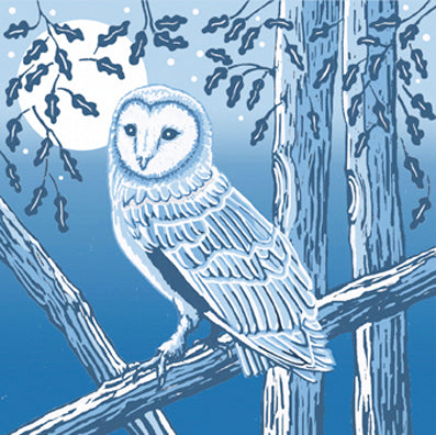 Linocut of Barn Owl printed with blue tones