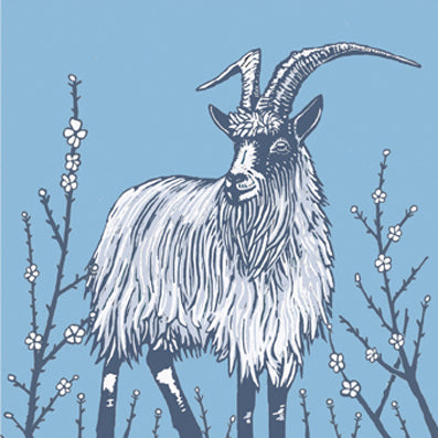 Linocut of an Old Irish Goat printed with blue and grey tones