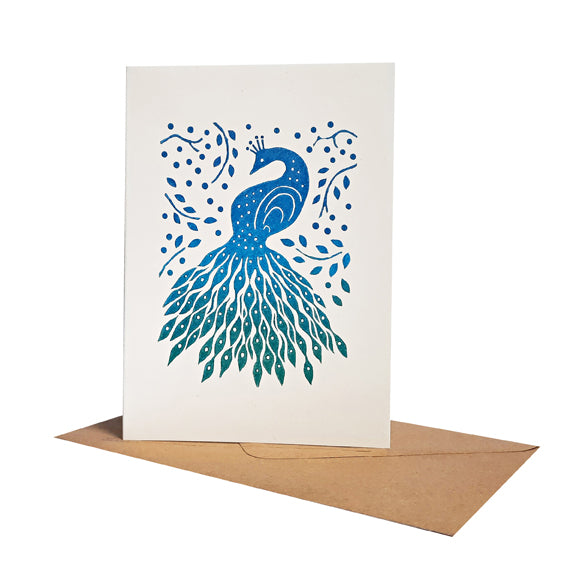 A Peacock printed with a blue ink. Suitable as a greeting or notecard.