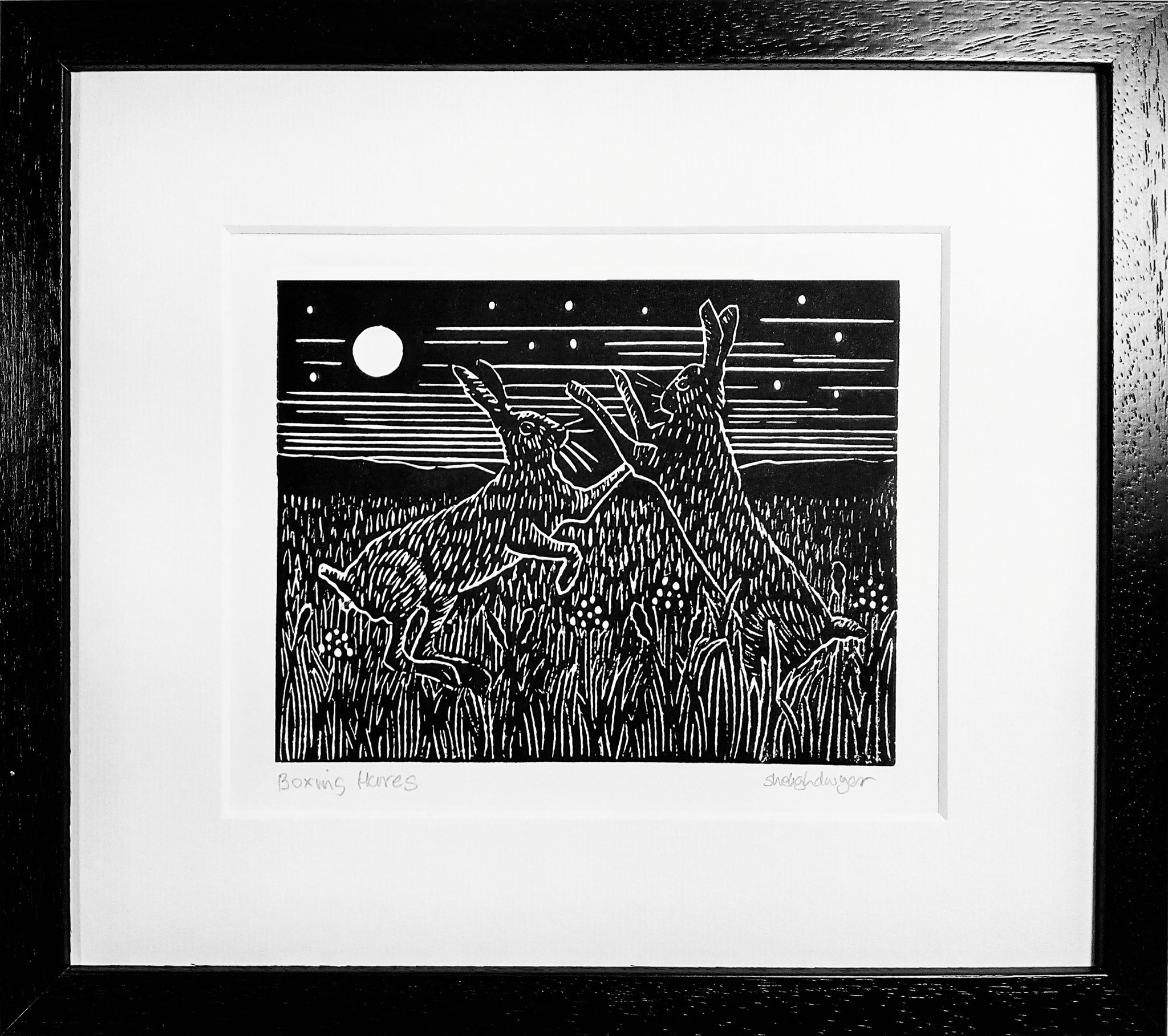 Framed Hand Printed Black and White Lino Print of Boxing Hares 