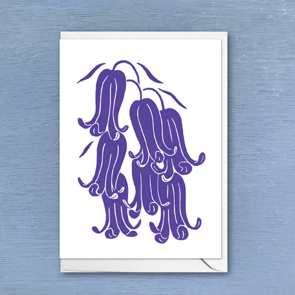 Linocut greeting card of bluebell flowers printed with violet colour ink with envelope 