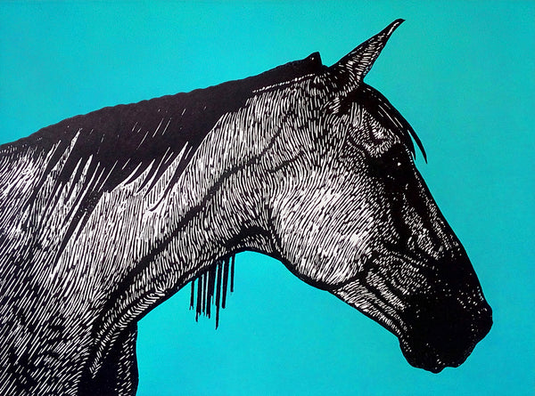 Textured linocut portrait of horse on vivid blue background