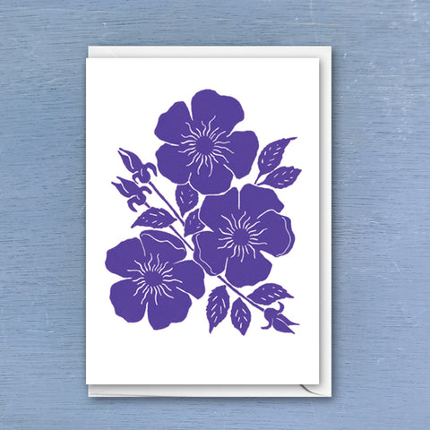 Linocut greeting card of Dog Rose flowers printed with violet colour ink with envelope 