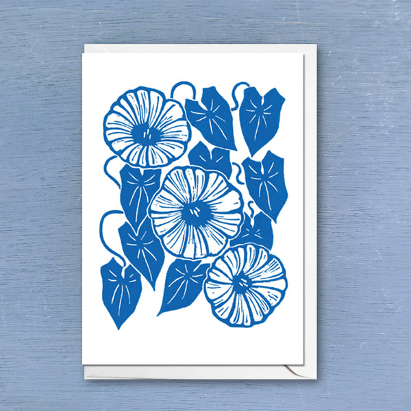Linocut greeting card of Wild Morning Glory flowers printed with indigo colour ink with envelope 
