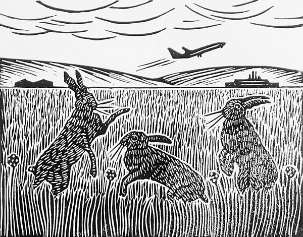 Linocut in black ink of hares at airstrip