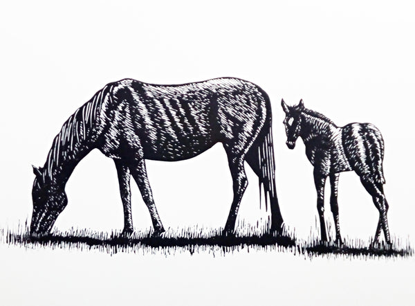Mare and foal linocut black ink