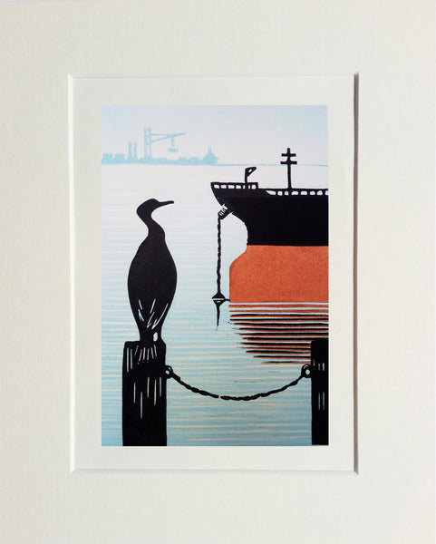 Mounted lino print in black, blue and orange ink of oil tanker at port while cormorant looks on