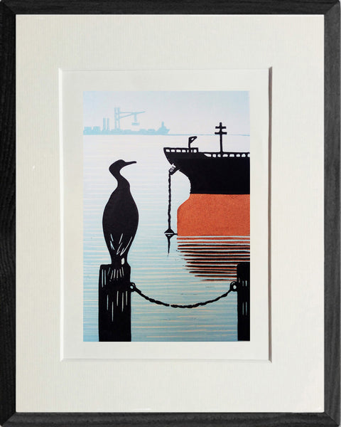 Framed lino print of oil tanker docked at port while a Cormorant looks on