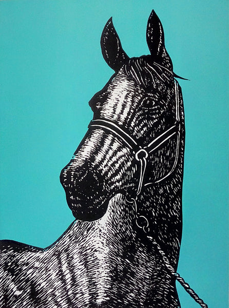 Linocut portrait of thoroughbred horse in black and vivid blue ink