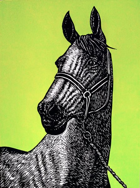 Linocut portrait of horse printed with black and green ink