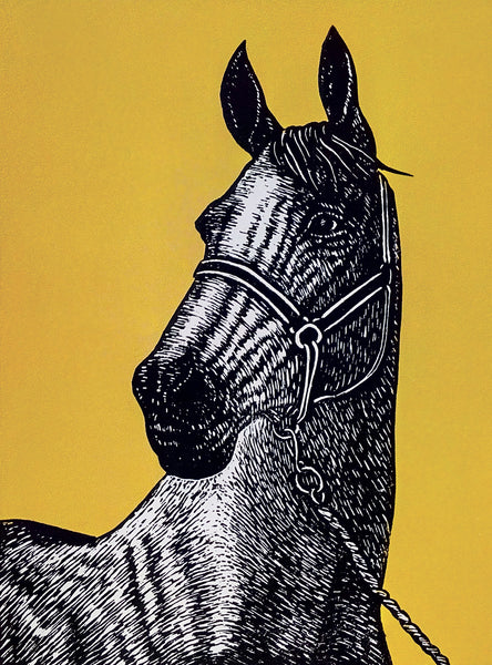 Linocut horse portrait in black and ochre ink