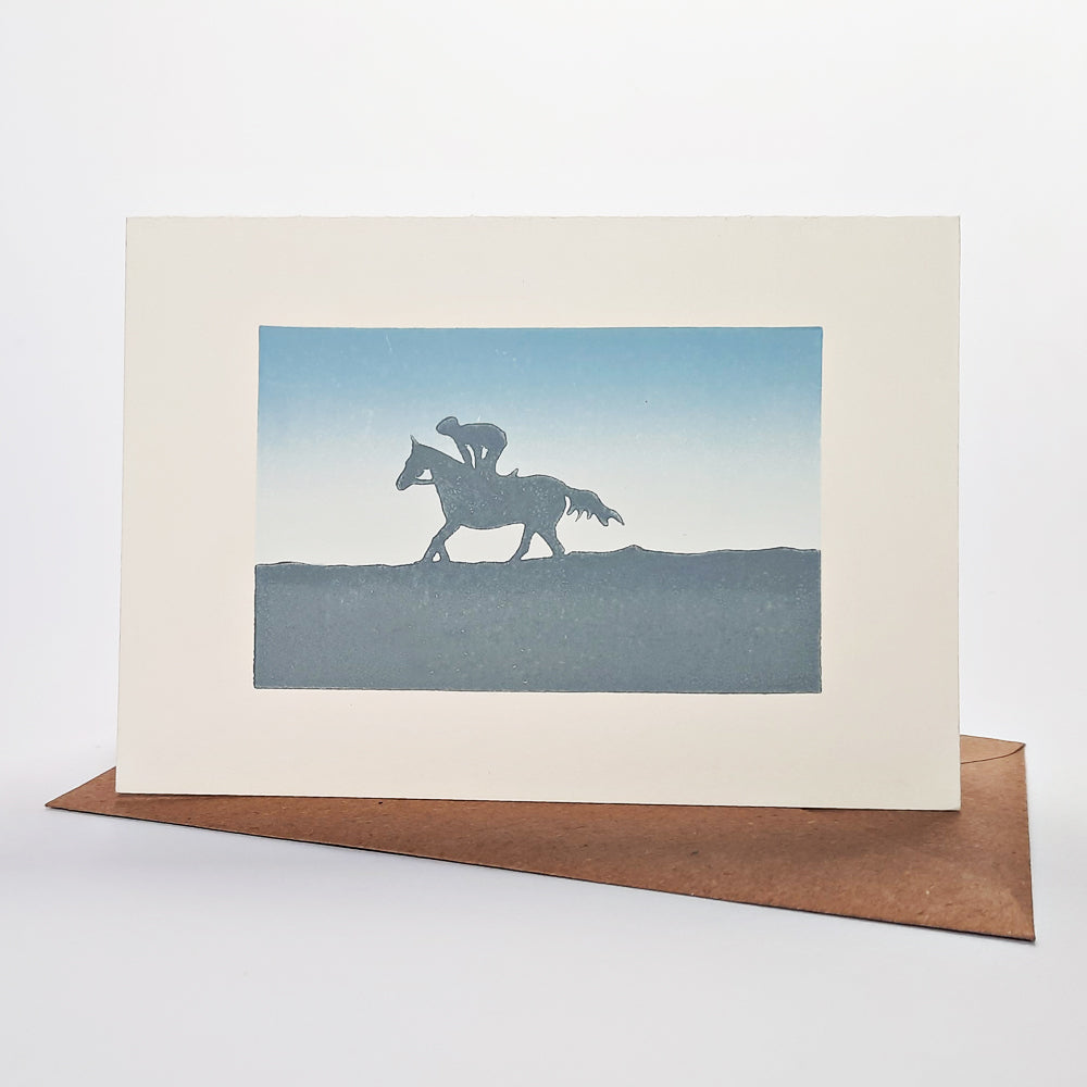Linocut greeting card of jockey and horse 